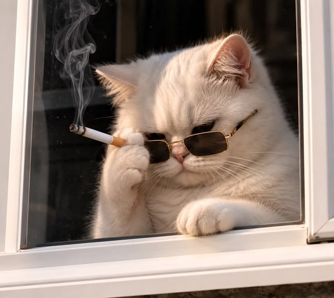 A white fluffy cat wearing sunglasses while holding a lit cigarette in its paw, looking out a window.