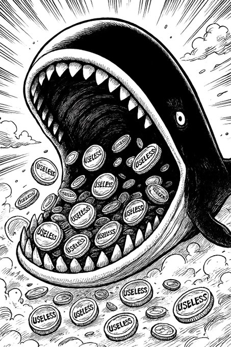 A black and white illustration of a large, monstrous mouth with sharp teeth, consuming and spilling coins inscribed with the word 'USELESS.'