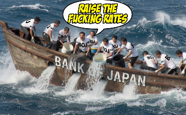 The image is a satirical meme depicting people in a wooden boat labeled "BANK JAPAN" rowing through rough waves, with a speech bubble shouting "RAISE THE FUCKING RATES," representing growing pressure on the Bank of Japan to change its monetary policy. The caption connects this to XRP, suggesting the cryptocurrency could serve as a financial lifeboat if the central bank's rate decisions destabilize traditional markets.