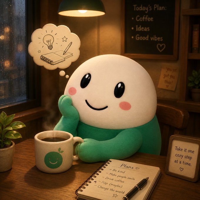 A cute 3D-style illustration of a smiling round character in green sitting at a cafe table with coffee, dreaming about an idea notebook, while a blackboard in the background reads 'Today's Plan: Coffee, Ideas, Good vibes'.
