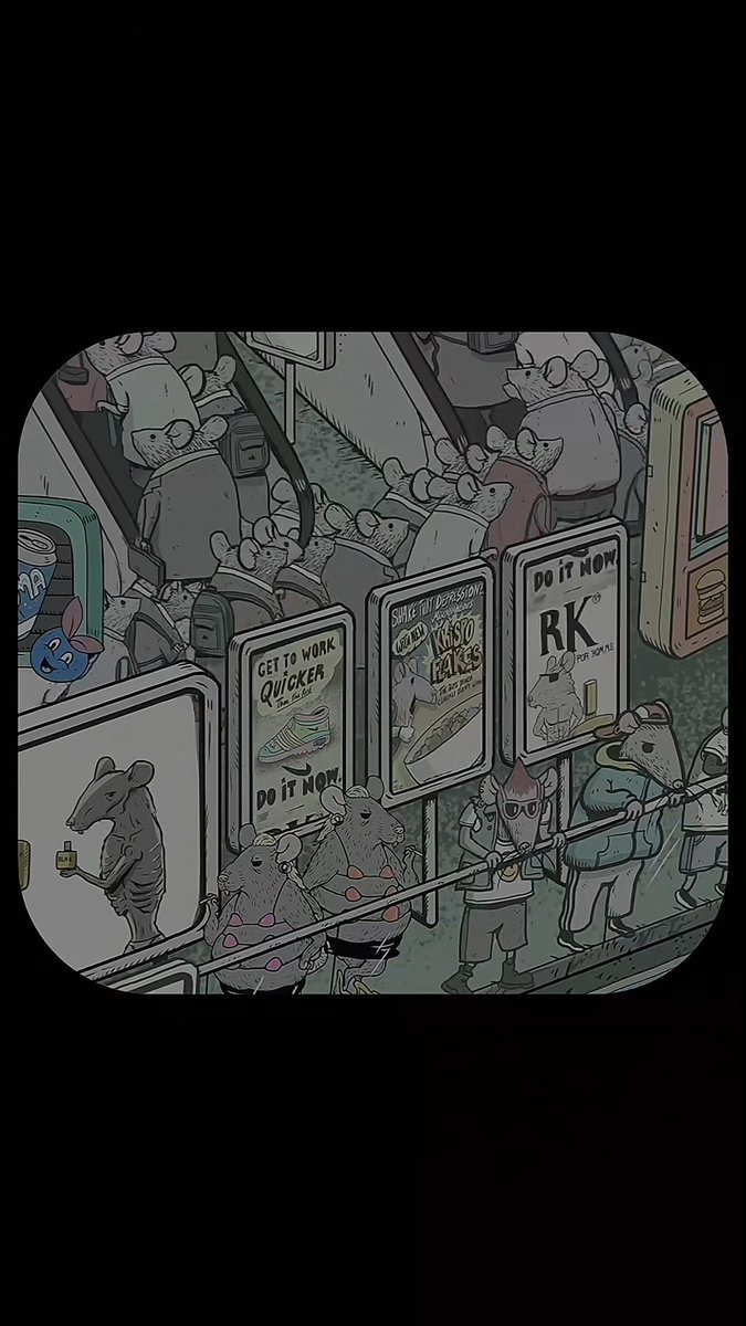 An illustrated scene depicts anthropomorphic rats on a subway car with advertisements reading 'GET TO WORK QUICKER DO IT NOW', 'STREET DEPRESSION KRUSTY KRAB EATER', and 'DO IT NOW RK'.