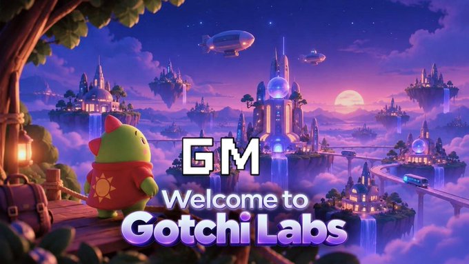 A fantasy-style digital illustration with 'GM - Welcome to Gotchi Labs' text, featuring a green Axolotl character in a red robe overlooking a magical floating city landscape with castles and airships.