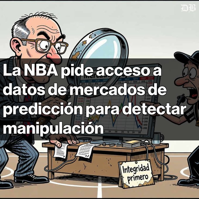 A cartoon illustration shows an investigator with a magnifying glass examining a stock chart while another character whispers, with Spanish text reading 'La NBA pide acceso a datos de mercados de predicción para detectar manipulación' and a sign saying 'Integridad primero'.