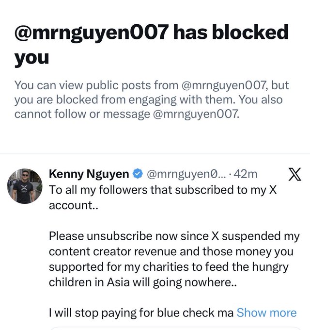 A Twitter/X notification showing '@mrnguyen007 has blocked you,' alongside a tweet from verified user Kenny Nguyen asking followers to unsubscribe due to X suspending his content creator revenue.