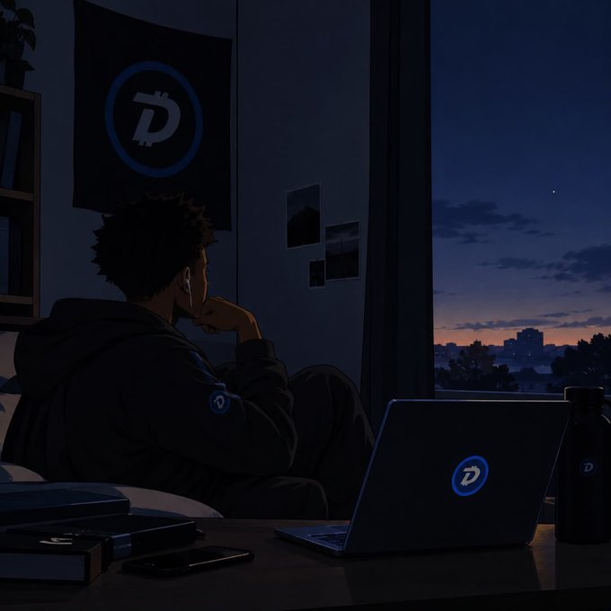 An anime-style illustration shows a person sitting in a dimly lit room looking out a window at dusk, with a laptop displaying the Digibyte logo and a matching Digibyte flag on the wall.