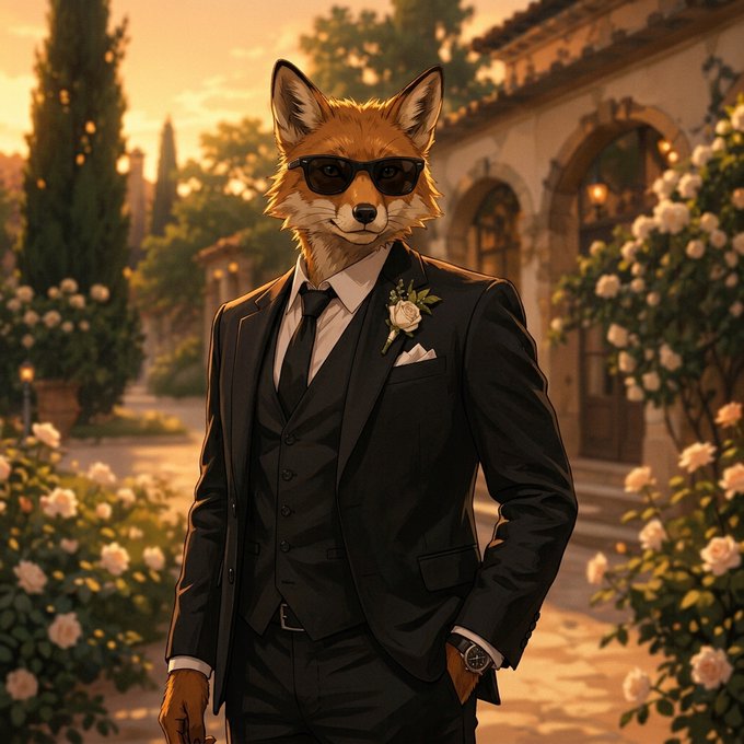 An anthropomorphic fox dressed in an elegant black three-piece suit with a boutonniere wears dark shades, standing in a sunlit garden of white roses.