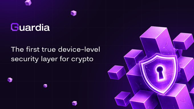 A promotional graphic for 'Guardia' features the text 'The first true device-level security layer for crypto' alongside a purple shield icon with a keyhole.