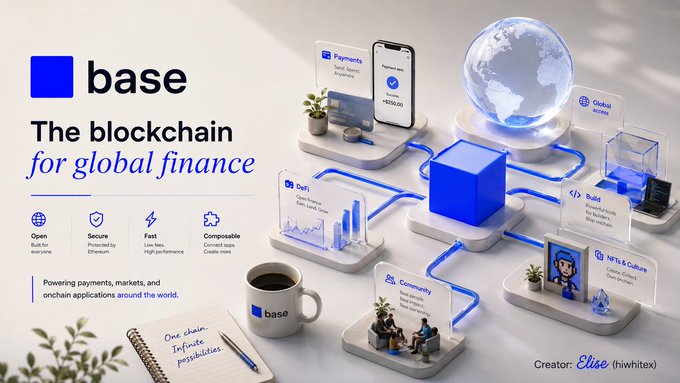 A Base blockchain banner titled 'for global finance,' featuring 3D-style graphics of a globe and platforms connected by blue lines, showcasing Payments, DeFi, Build, NFTs & Culture, Community, and Global access use cases.