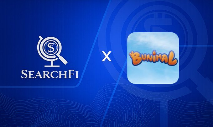 A blue banner displaying a partnership announcement between SearchFi and Burinmal, with their respective logos separated by an 'x'.