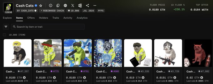 A screenshot of the CashCats NFT collection on OpenSea (Robinhood Chain, 10,000 items, floor 0.0180 ETH, +236.1%) displaying various cat character listings with their prices.