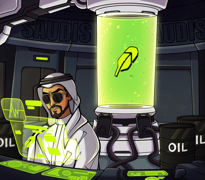 Digital illustration of a Saudi Arabian man in traditional thobe and keffiyeh with sunglasses operating a futuristic lab, featuring a containment tube with a feather, 'SAUDIS' text on the walls, and oil barrels labeled 'OIL'.