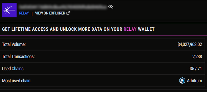 A wallet dashboard for Relay Protocol showing a total volume of $4,027,963.02 across 2,288 transactions on 35/71 chains, with Arbitrum as the most used chain, being shared to advocate for an airdrop rather than a token sale for early users. The post uses the user's substantial transaction history as evidence of long-term support to argue against a token sale model like Squid's.