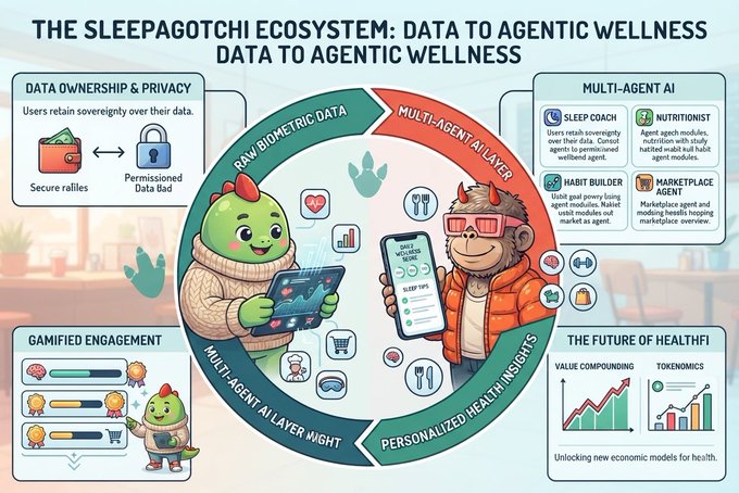 An infographic titled 'THE SLEEPAGOTCHI ECOSYSTEM: DATA TO AGENTIC WELLNESS,' detailing a circular flow involving raw biometric data, multi-agent AI layers, gamified engagement, and personalized health insights.