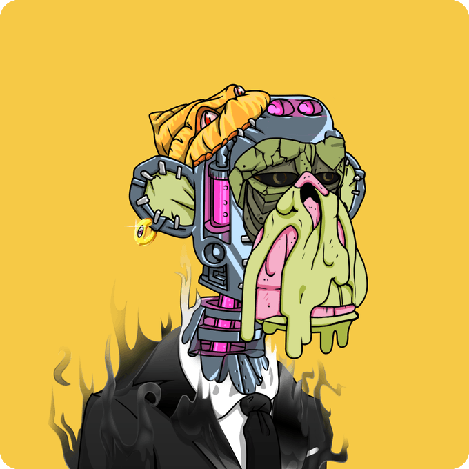 A cartoon illustration of a grotesque zombie-like figure wearing a tuxedo with bow tie, featuring green slimy skin, mechanical/cybernetic headgear, and flames emanating from its body, set against a yellow background.