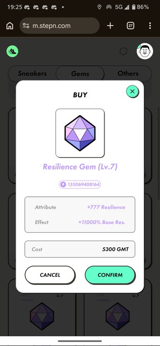 The image shows a cell phone screen displaying an app called "Gems" with a purple gem icon, which appears to be for buying or selling gemstones. The user interface of the app has a green button labeled "Buy", indicating that the user is in the process of purchasing a gemstone from the app store.

The image also contains text that reads: "念のため紫ジェム買っておいたが早速騰してきた #STEPN". This refers to the step number of the purchase, which is currently at step 3.