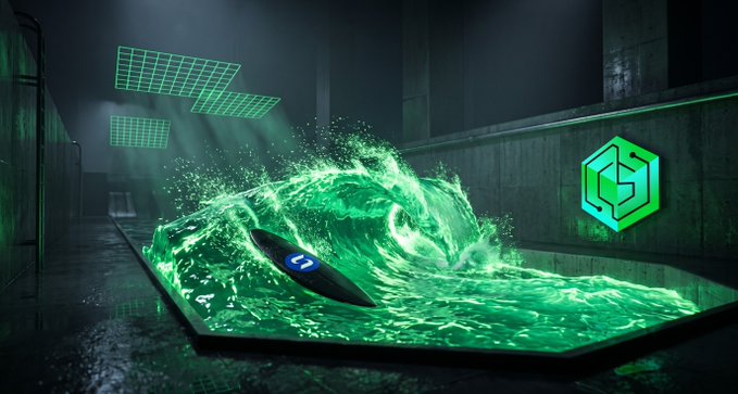 A surfboard with a Cardano logo cuts through glowing green waves in a concrete skatepark-like basin, alongside the CSWAP (CryptoSwap) hexagonal logo, visually tying the $SURF token's liquidity migration to Cardano and its rise as the platform's #2 most traded token behind $NIGHT.