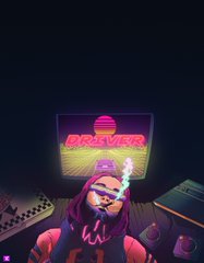 The image features a person wearing a black shirt with pink letters, who appears to be smoking a cigarette while looking up at a neon sign that says "DRIVER" above them. The background of the image is dark, which contrasts with the bright colors of the neon sign and the person's clothing. There are also some other objects in the scene, such as a keyboard and a mouse on the right side of the image.