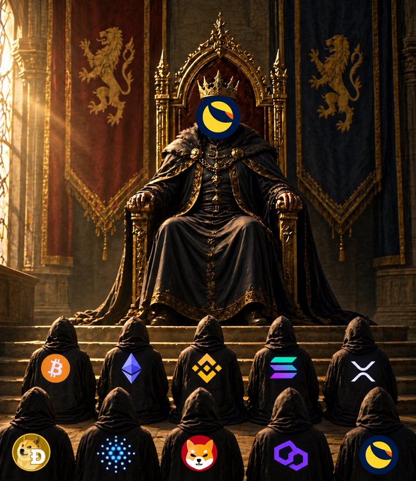 A medieval king sits on a golden throne wearing robes emblazoned with a LUNA (Terra) logo, while hooded figures below bear cryptocurrency logos including Bitcoin, Ethereum, BNB, Solana, XRP, Dogecoin, Cardano, Shiba Inu, Polygon, and another LUNA.