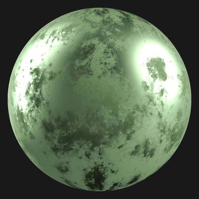 A 3D-rendered glowing green moon or planet with cratered surface details against a dark background.
