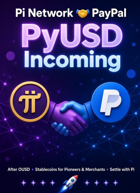 A promotional graphic with a purple cosmic background showing the Pi Network (π) and PayPal logos shaking hands, with text reading 'PyUSD Incoming' and 'After OUSD • Stablecoins for Pioneers & Merchants • Settle with Pi.'