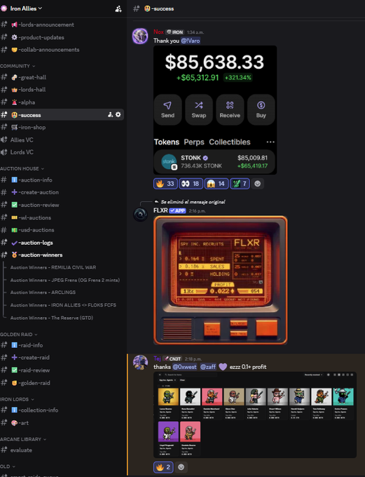 A Discord chat interface showing the #success channel in the Iron Allies community, featuring a wallet screenshot displaying an $85,638.33 balance with +$65,312.91 (+321.34%) gains on $STONK (736.43K tokens, $85,009.81), alongside an FLXR token image showing NFT details.