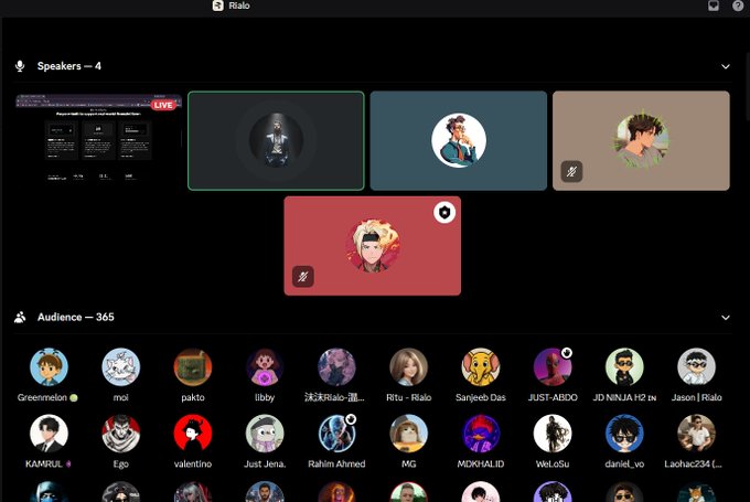 A screenshot of a Rialo audio event/space showing 4 speakers and an audience of 365 participants, with various user avatars visible in the audience section.