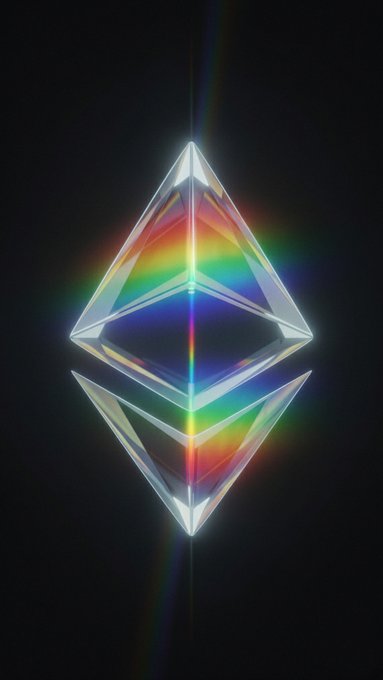 The Ethereum cryptocurrency logo rendered as a 3D prism dispersing rainbow-colored light against a black background.