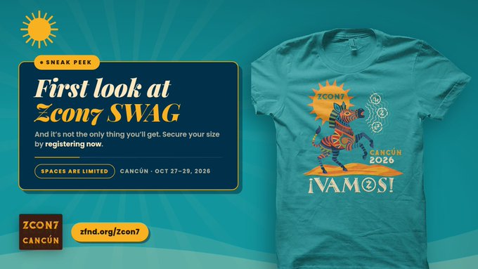 A promotional graphic for 'ZCON7 CANCÚN' featuring a teal t-shirt with the '¡VAMOS!' design and event details noting 'SPACES ARE LIMITED' and 'OCT 27-29, 2025'.