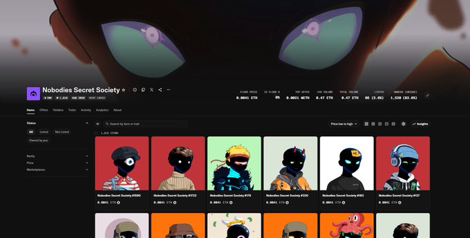A screenshot of the 'Nobodies Secret Society' NFT collection on a marketplace showing various character avatars with stats including floor price 0.0041 ETH, listed 311/1000, total volume 1.020 ETH.