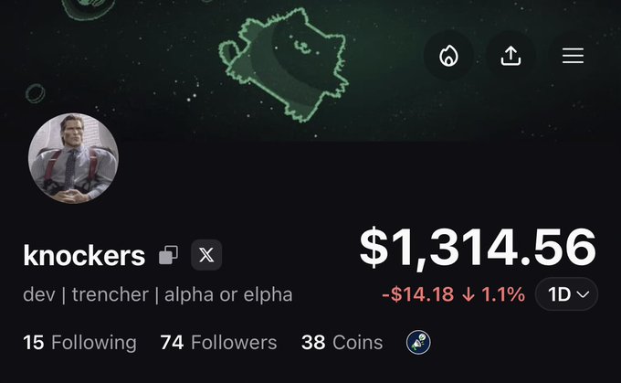 A profile screenshot showing the username 'knockers' with a portfolio value of $1,314.56, down $14.18 (1.1%), with 74 Followers and 38 Coins.