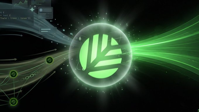 A glowing green sphere displays a stylized logo, surrounded by flowing light streams, code snippets, and floating icons in a tech-themed digital illustration.