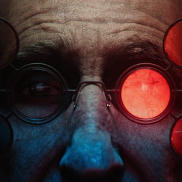 A close-up of a weathered face wearing round, steampunk-style goggles with glowing red lenses, lit dramatically from below in cool blue tones. The intense, otherworldly gaze of the figure visually echoes the surreal, immersive atmosphere of Zero Parades, the announcement trailer rendered on the Render Network with support from a Render Network Foundation grant.