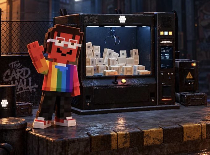 A 3D pixel-art character wearing glasses and a rainbow shirt stands next to a claw machine labeled 'THE CARD WALL' filled with white boxes.
