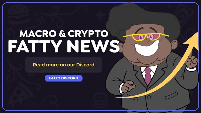 A promotional graphic features a cartoon character in a suit with yellow glasses pointing to an upward arrow, alongside the text "MACRO & CRYPTO FATTY NEWS" and a button inviting viewers to "Read more on our Discord" for the latest updates on global markets, regulations, ETFs, gold, and crypto developments.