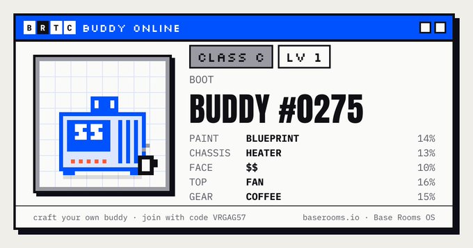 A pixel-art style interface titled 'BRTC BUDDY ONLINE' displaying 'BUDDY #0275' as a Class C, Level 1 'BOOT' with stats for Paint (Blueprint, 14%), Chassis (Heater, 13%), Face ($$), Top (Fan, 16%), and Gear (Coffee, 15%).