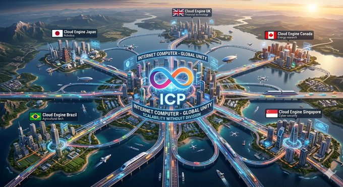 A futuristic cityscape illustration promoting 'ICP INTERNET COMPUTER - GLOBAL UNITY SCALABILITY WITHOUT DIVISION', showing connected hubs labeled 'Cloud Engine' for Japan, UK, Canada, Brazil, and Singapore.