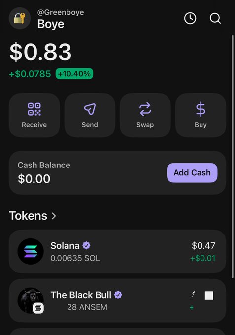 A crypto wallet screenshot for the account @Greenboye "Boye" shows a balance of $0.83, with $0.00 cash and token holdings including 0.00635 Solana ($0.47) and 28 $ANSEM ("The Black Bull"). Despite the post claiming a $1,000 ANSEM purchase to support @blknoiz06, the wallet only displays a small balance and 28 ANSEM tokens, suggesting the bold claim doesn't match the actual holdings shown.