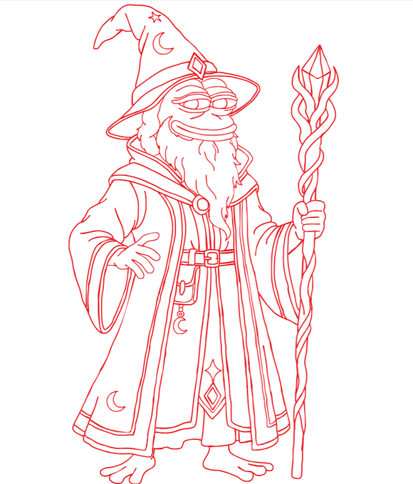 A red-line digital sketch of a wizard character wearing a pointed hat decorated with stars and a moon, round glasses, a full beard, and holding a staff with a crystal-like top.