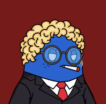 A cartoon-style illustration shows a blue-skinned person with curly blond hair, round glasses, a cigarette, and a black suit with a red tie, set against a dark red background. The image accompanies a post announcing the live mint of a collaboration between the Just1Sui and Alienz communities, linking the meme-like character art to the NFT project.