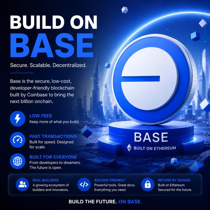 An advertisement for 'BUILD ON BASE' blockchain, highlighting low fees, fast transactions, and being built on Ethereum by Coinbase.