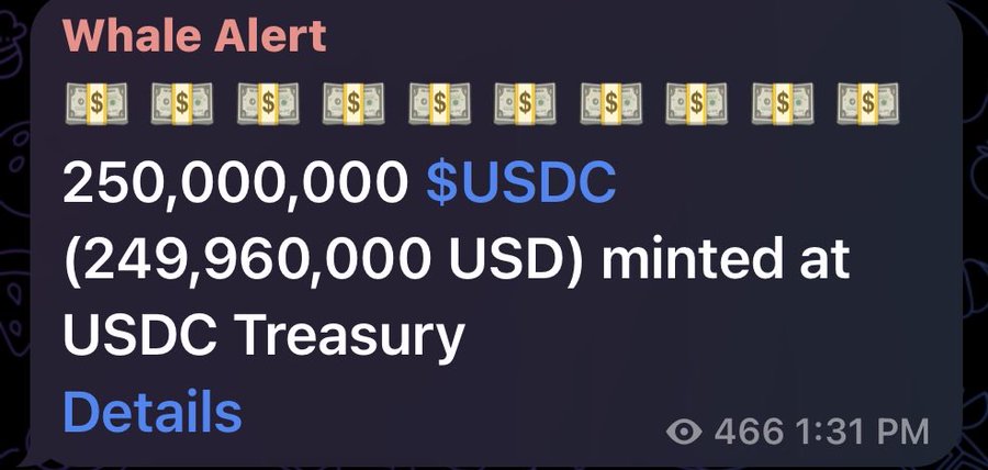 A "Whale Alert" notification reports that 250,000,000 USDC (valued at $249,960,000) was minted at the USDC Treasury, contributing to the $500 million in new USDC liquidity issued on Solana as mentioned in the post.