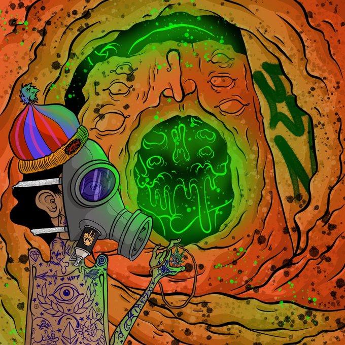 A psychedelic illustration featuring a figure wearing a colorful beanie and gas mask in front of a swirling orange portal with a glowing green face.