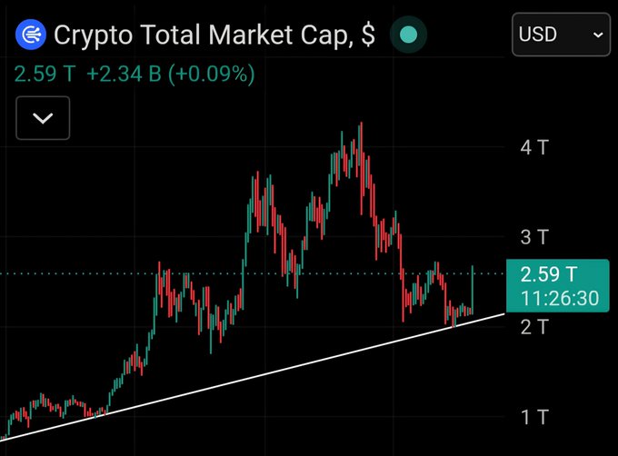 A TradingView chart shows the Crypto Total Market Cap at $2.59T (+0.09%), with green and red candlesticks illustrating a sharp decline from a ~$4T peak before a recent strong recovery toward an ascending trendline, visually supporting the claim of a bullish rebound early in a new bull run.