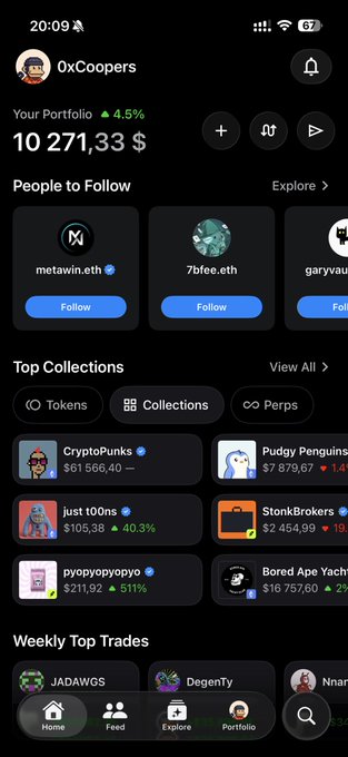 The image shows the Opensea mobile app displaying "OxCoopers" portfolio with a value of "10 271,33 $". It also highlights top collections like "CryptoPunks" and "Pudgy Penguins" to reflect the full functionality described in the post.