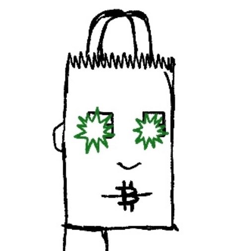 A simple child's drawing of a face with spiky green eyes, a small nose, and a stitched mouth, featuring dark spiky hair on a white background.