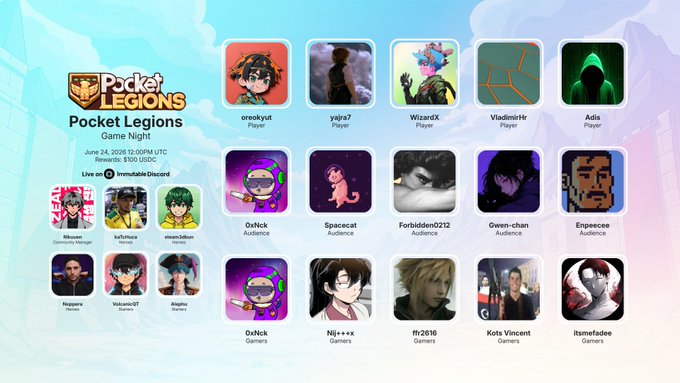 The image features a poster for Pocket Legends with various cartoon characters and their names displayed across the poster. The text "Pocket Legends" is written at the top, while "Pocket Legends Game Night" is written below. The poster also includes a list of people who attended the game night along with some descriptions about the event.
