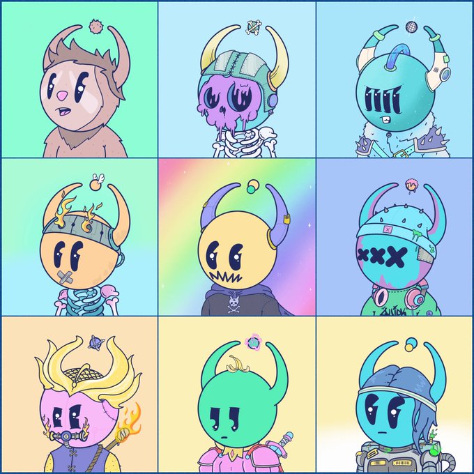 A 3x3 grid displays nine colorful cartoon characters with horns, each having a distinct floating element above their head and set against pastel backgrounds (green, blue, pink, yellow), representing NFTs from the Quirky Quirkies collection that the poster showcases their personal selection of.