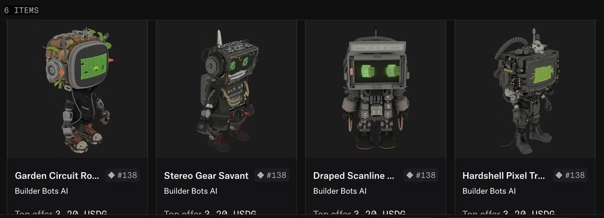 An NFT marketplace listing showing 6 items with the names 'Garden Circuit Ro...', 'Stereo Gear Savant', 'Draped Scanline ...', and 'Hardshell Pixel Tr...' by Builder Bots AI, all priced at #138.