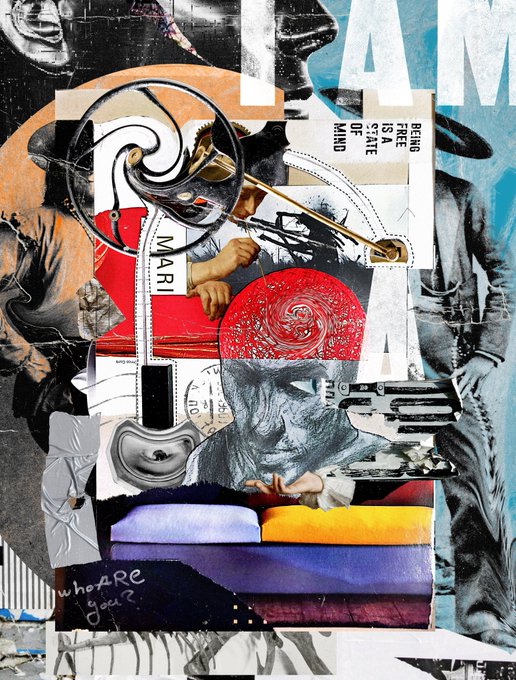 A chaotic mixed-media collage featuring torn paper, vintage photographs of figures and an ear, a red circular design, and text snippets including 'I AM', 'MIND', 'OF STATE IS FREE', and 'who ARE you?' scrawled at the bottom.