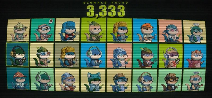 A grid of 24 pixel-art otter characters wearing various accessories and outfits, with the text 'SIGNALS FOUND 3,333' displayed at the top.